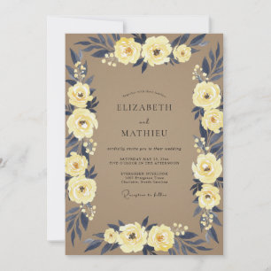Taupe Navy Ranunculus Eucalyptus Wedding Invitation