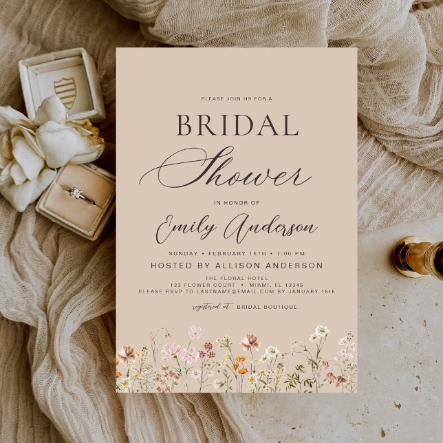Taupe Neutral Boho Wildflower Bridal Shower  Invitation (Creator Uploaded)