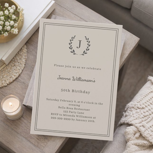 Taupe neutral monogrammed wreath birthday invitation (Creator Uploaded)