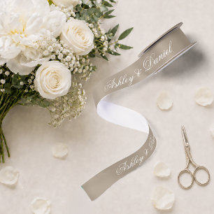 Taupe Neutrals Elegant Script Calligraphy Wedding Satin Ribbon