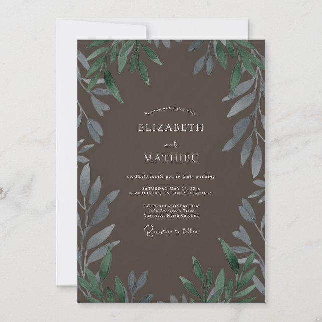 Taupe Olive Leafy Wedding Invitation (Front)