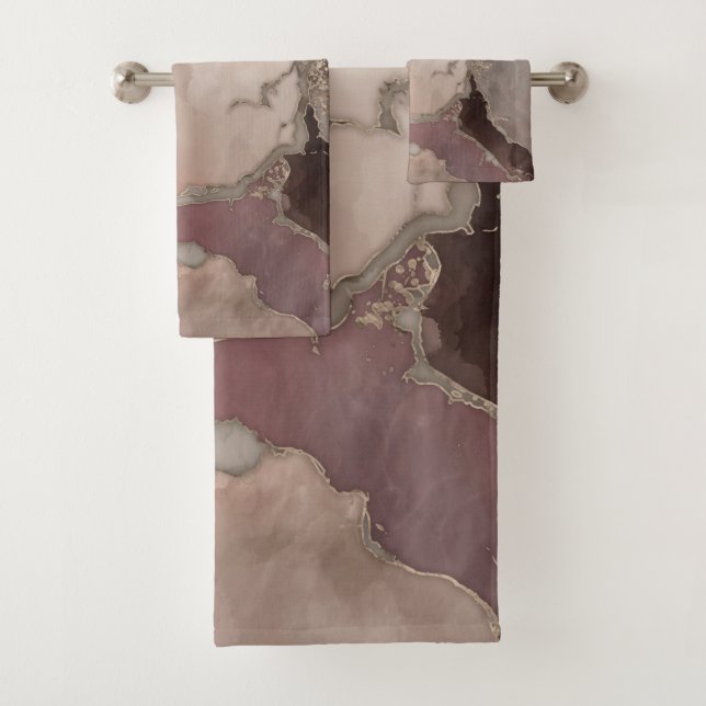 Taupe palette ink and gold abstract bath towel set (Insitu)