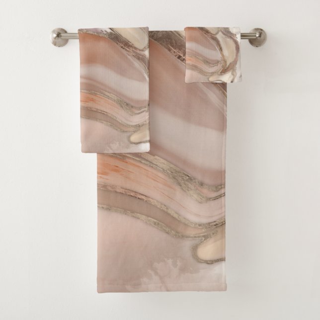 Taupe palette liquid marble and gold abstract bath towel set (Insitu)