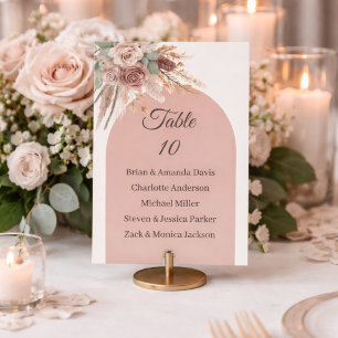 Taupe pampas grass wedding table number names card