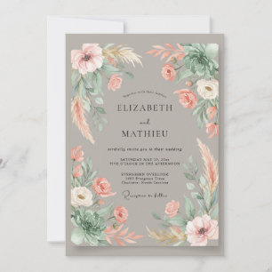 Taupe Peach Pampas Eucalyptus Wedding Invitation