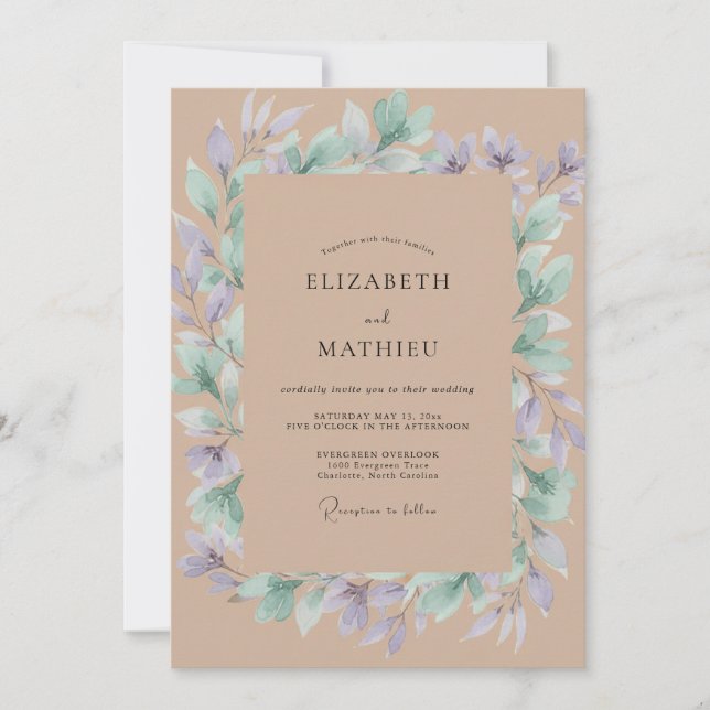 Taupe Periwinkle Foliage Eucalyptus Wedding Invitation (Front)