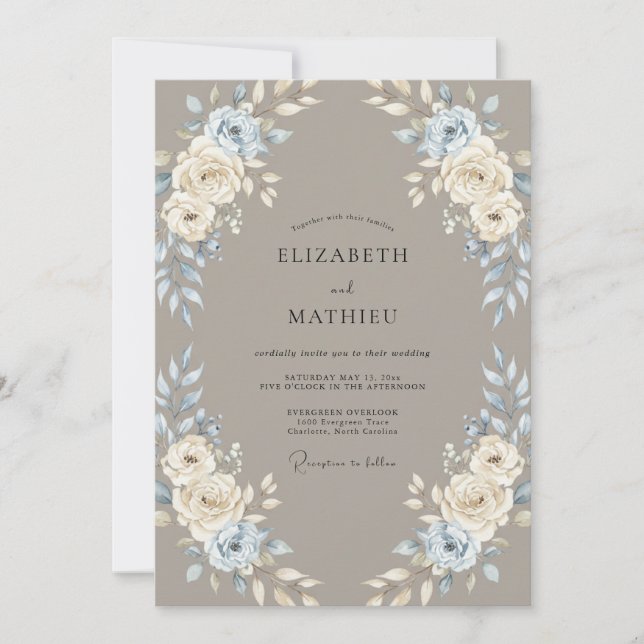 Taupe Periwinkle Rose Wedding Invitation (Front)