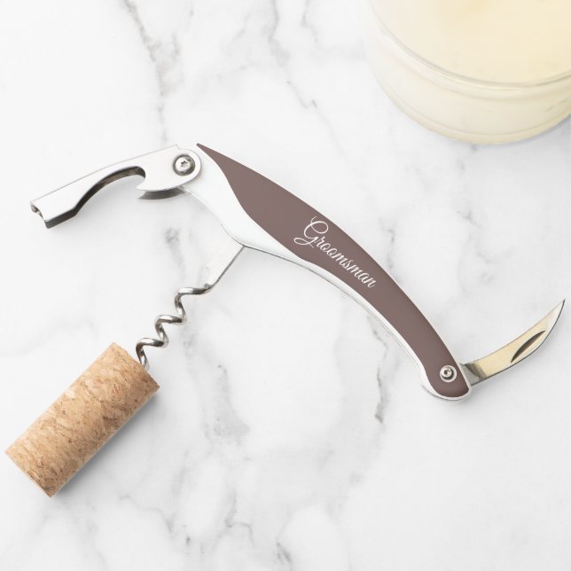 Taupe Personalised Wedding Groomsman Corkscrew (Front)