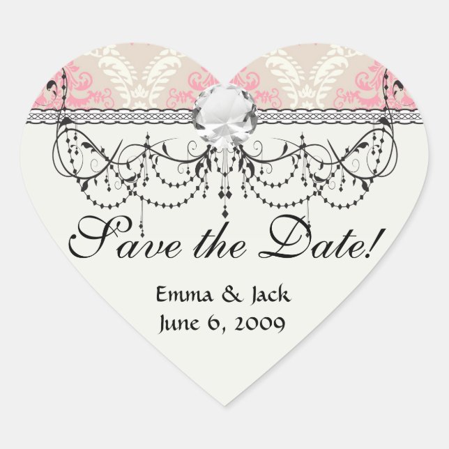 taupe pink and ivory damask design pattern heart sticker (Front)
