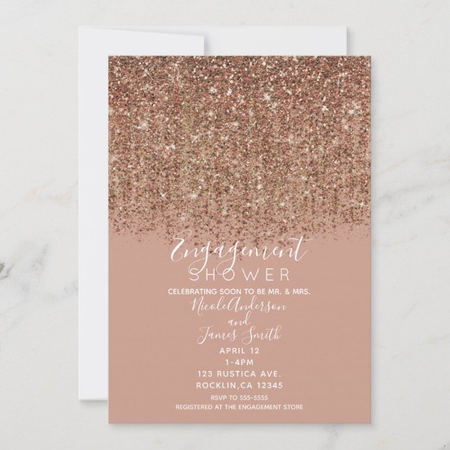 Taupe Pink & Bronze Gold Glitter Engagement Shower Invitation (Front)