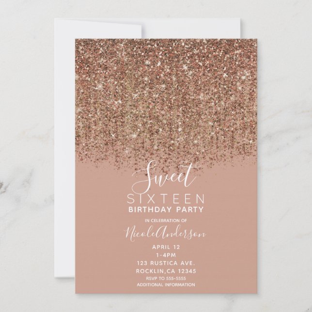 Taupe Pink Bronze Gold Glitter Sweet 16 Party Invitation (Front)