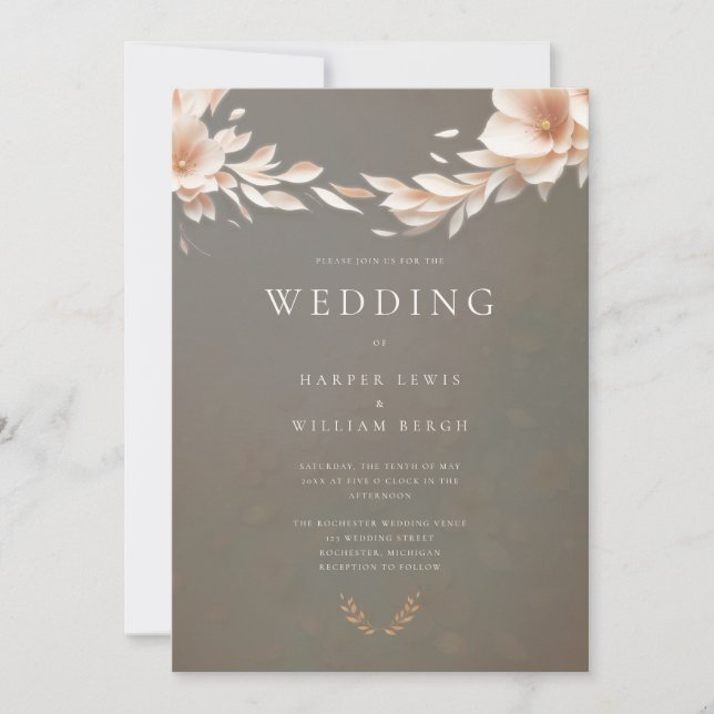 Taupe pink floral wedding invitation (Front)