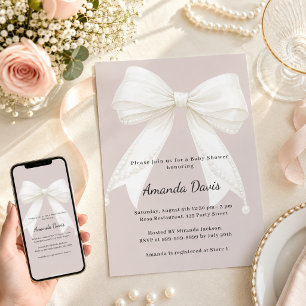 Taupe pink ivory bow Baby Shower Invitation