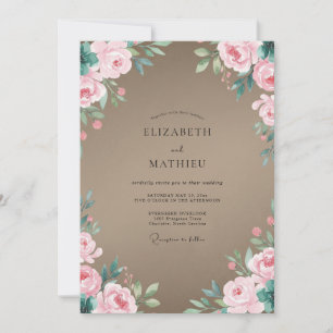 Taupe Pink Leafy Wedding Invitation