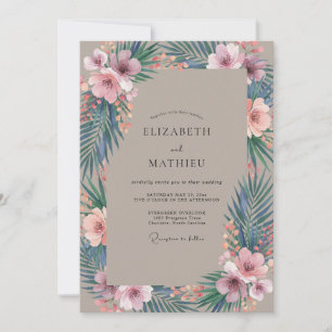 Taupe Pink Palm Eucalyptus Wedding Invitation