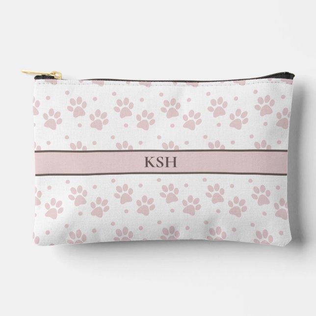 Taupe & Pink Paw Print Cosmetic Bag – Personalised (Front)