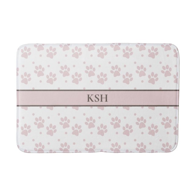 Taupe & Pink Paw Print – Personalised Dog Lover Bath Mat (Front)