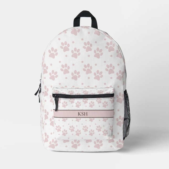 Taupe & Pink Paw Print – Personalised Dog Lover Printed Backpack (Front)