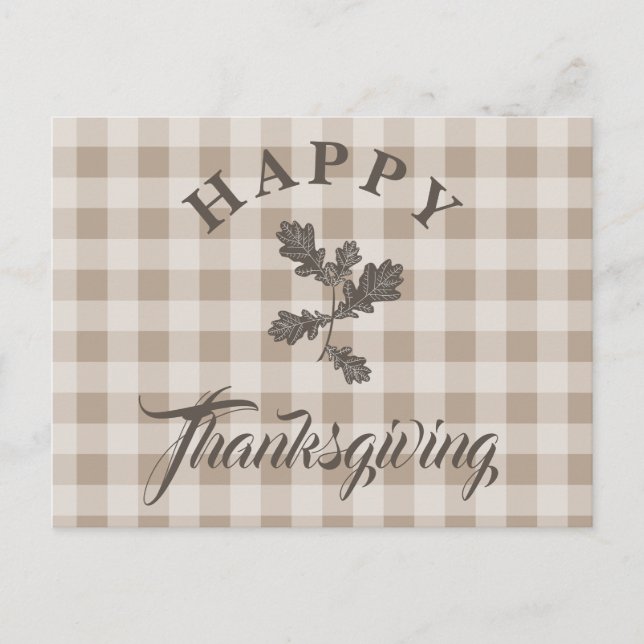 Taupe Plaid Modern Foliage Happy Thanksgiving Holiday Postcard (Front)