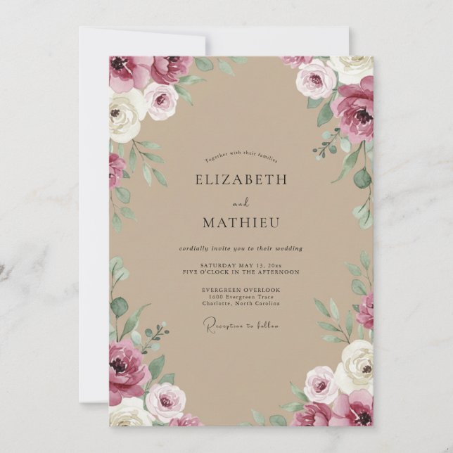 Taupe Plum Ranunculus Eucalyptus Wedding Invitation (Front)