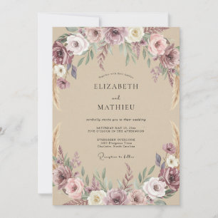 Taupe Plum Ranunculus Muted Eucalyptus Wedding Invitation