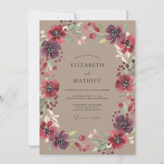 Taupe Plum Wildflower Wedding Invitation (Front)