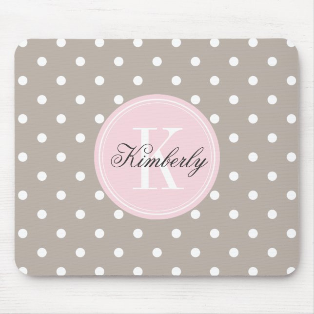 Taupe Polka Dot with Pink Monogram Mouse Mat (Front)