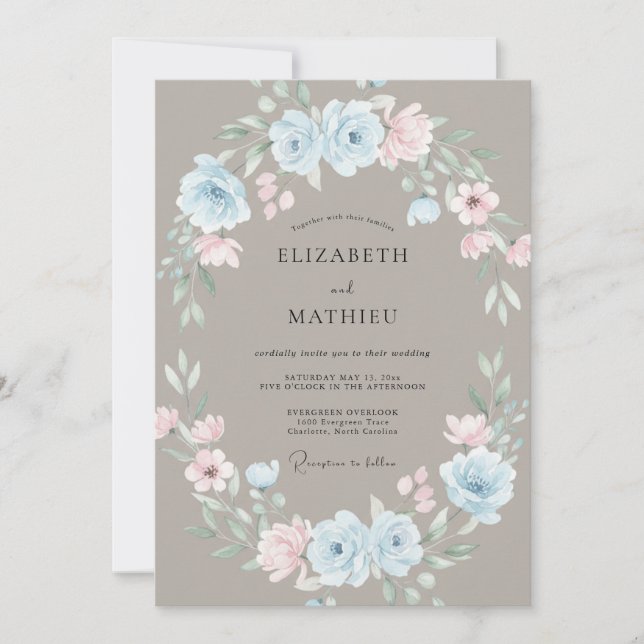 Taupe Powder Azure Wreath Wedding Invitation (Front)