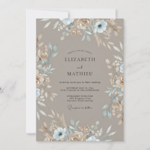 Taupe Powder Muted Blue Leafy Wedding Invitation