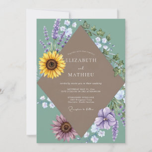 Taupe Purple Sunflower Eucalyptus Wedding Invitation