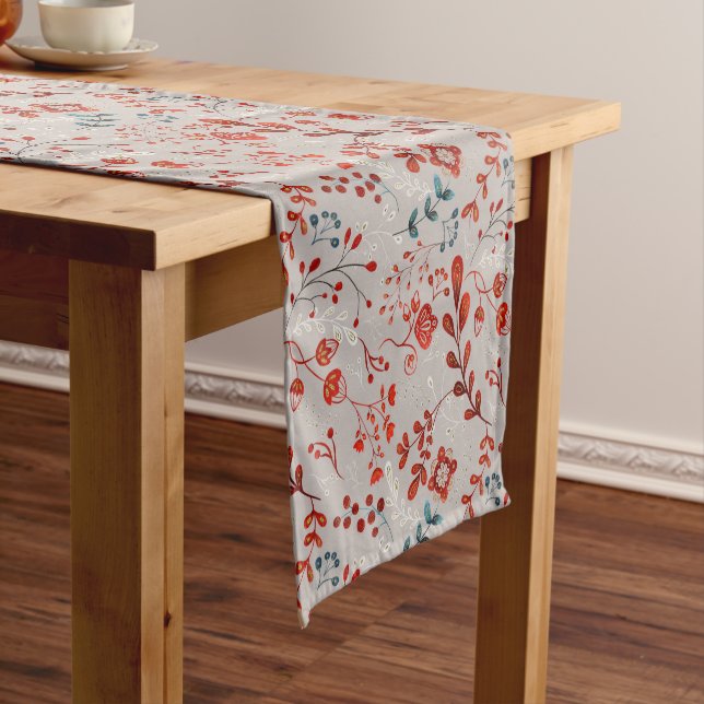Taupe Red and Turquoise Taika Folk Art Short Table Runner (In Situ)