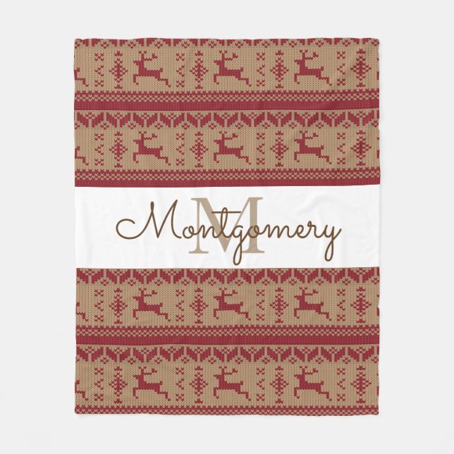 Taupe & Red Reindeer Nordic Sweater Pattern Fleece Blanket (Front)