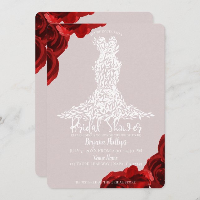 Taupe Red Roses White Leaves Dress Bridal Shower Invitation (Front/Back)