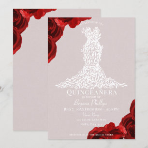 Taupe Red Roses White Leaves Dress Quinceañera Invitation