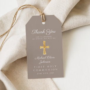 Taupe Religious Cross Boy First Communion Gift Tags