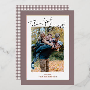 Taupe rose gold foil frame Thanksgiving gingham Holiday Card
