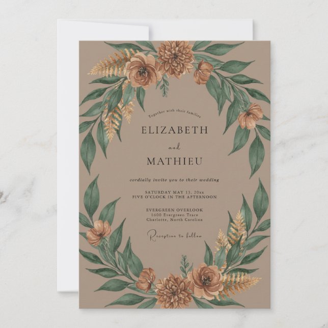 Taupe Rust Wreath Wedding Invitation (Front)