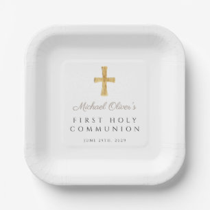 Taupe Script Cross Boy First Communion Paper Plate