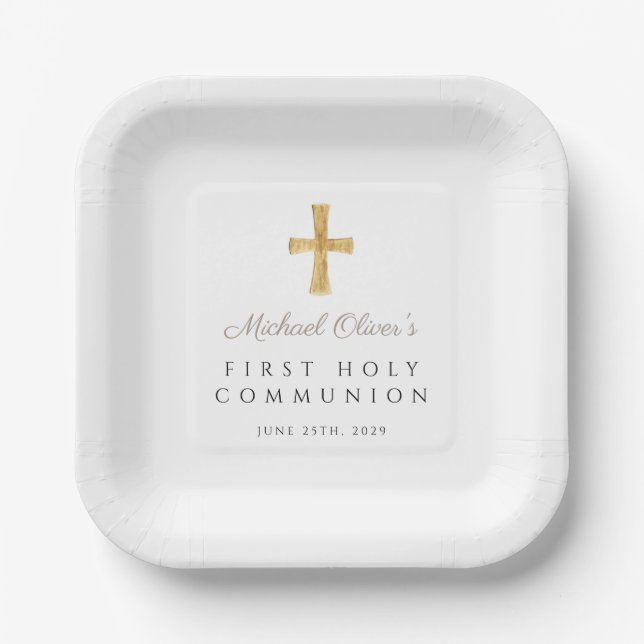 Taupe Script Cross Boy First Communion Paper Plate (Front)
