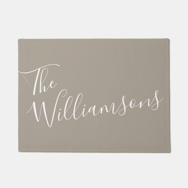 Taupe Script Family Name Personalised Welcome Doormat (Front)