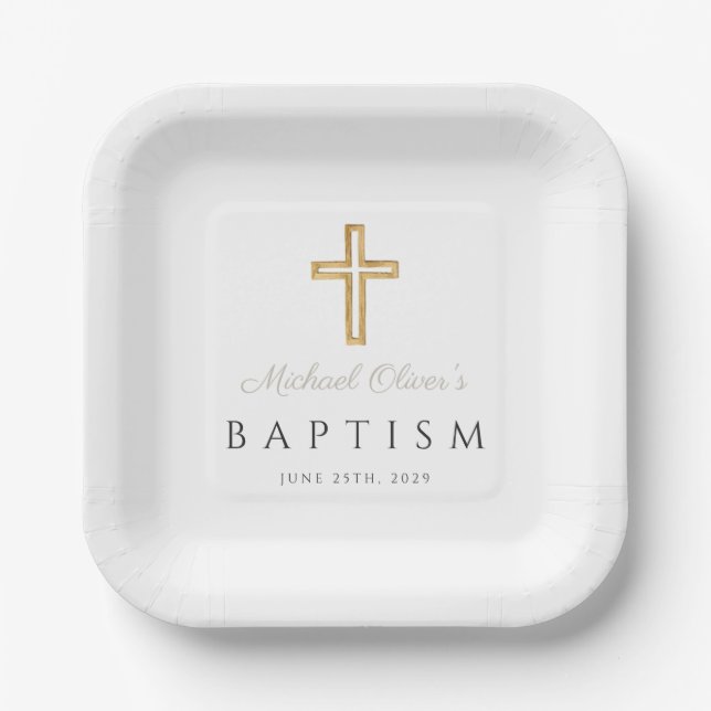 Taupe Script Religious Cross Boy Baptism Paper Plate (Front)