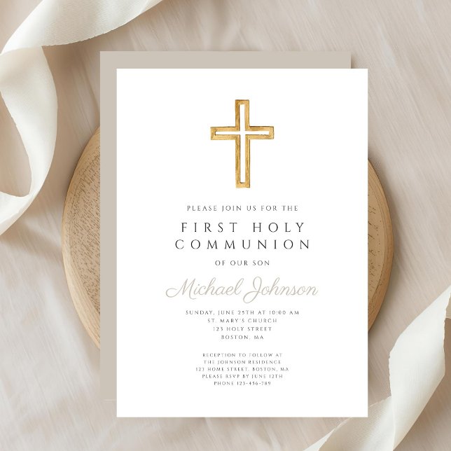 Taupe Script Religious Cross Boy First Communion Invitation (Taupe Script Religious Cross Boy First Communion Invitation)