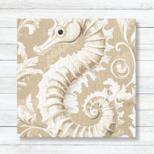 Taupe Seahorse and Flourishes Coastal Canvas Print