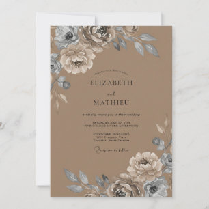 Taupe Silver Ranunculus Eucalyptus Wedding Invitation
