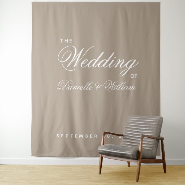 Taupe Simple Elegant Script Wedding Backdrop Tapestry (In Situ)