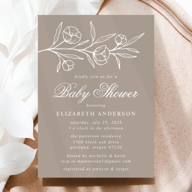 Taupe Sketched Floral Baby Shower Invitation (Creator Uploaded)