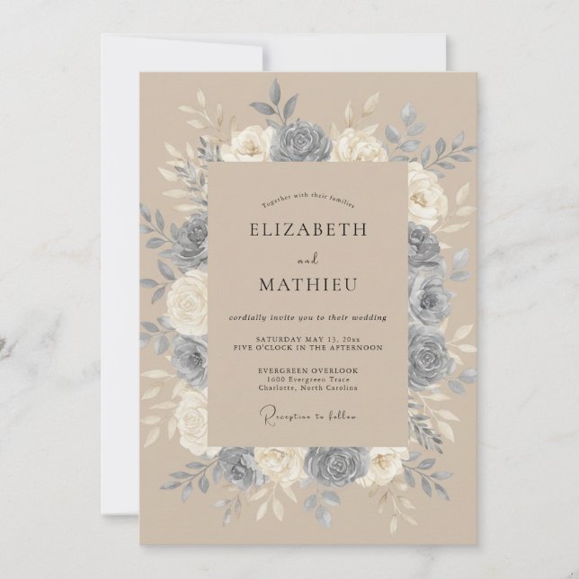 Taupe Slate Peony Wedding Invitation (Front)