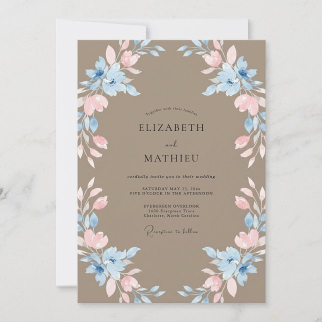 Taupe Soft Blush Wreath Wedding Invitation (Front)