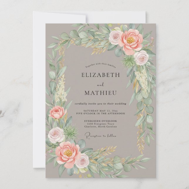 Taupe Soft Peach Peony Wedding Invitation (Front)