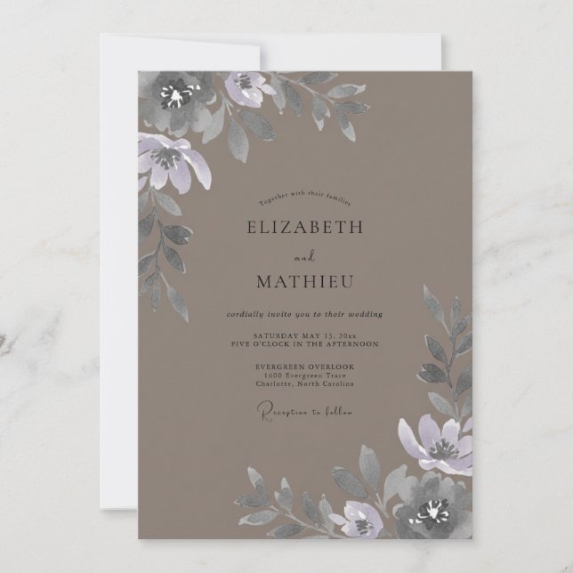 Taupe Soft Silver Petal Wedding Invitation (Front)